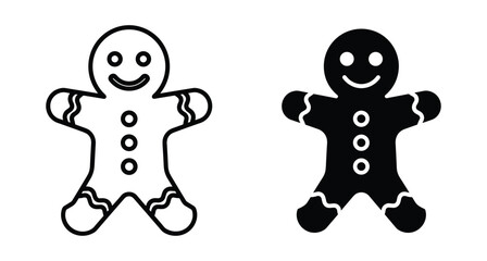 Gingerbread man cookie icon set with outline and solid black silhouette styles for Christmas holiday food decoration and winter celebration party