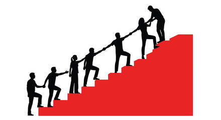 Fototapeta premium Silhouetted figures assisting each other to climb a red staircase