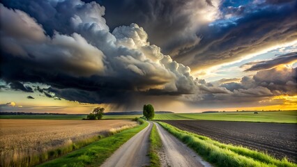 Naklejka premium WEATHER - Dramatic black rain clouds over fields and country road