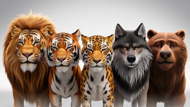 Digital rendering of diverse wildlife grouped together lion tiger jaguar wolf and bear cartoon style