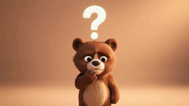 Puzzled cartoon bear with question mark animation loop uncertainty and confusion concept creative thinking and problem solving animation video