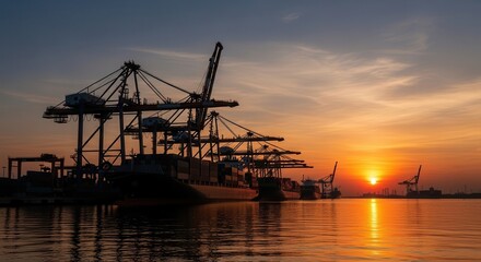 A serene sunset scene at a bustling port with cargo cranes silhouetted against the vibrant sky