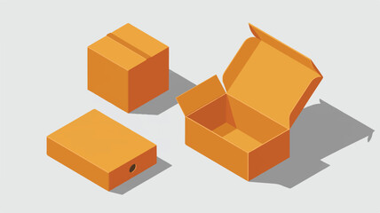 Orange open and closed boxes, isometric view, simple design