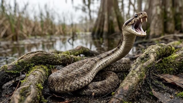 Cottonmouth Snake in Swampy Environment.