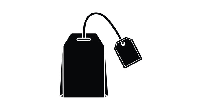 Black and white illustration of a tea bag with a tag attached