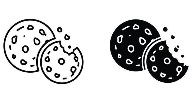 Chocolate chip cookies bitten biscuit snack icon set with crumbs sweet dessert food bakery symbol outline and solid black silhouette style