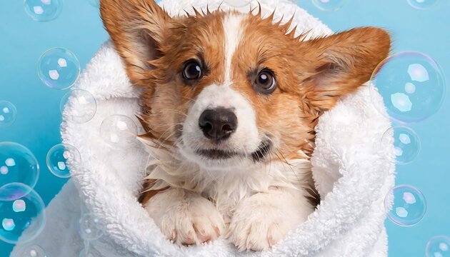 Close up of a funny little Corgi, dog wrapped in a towel after bathing at grooming salon agains Bubble bath blue background