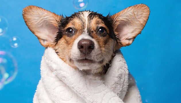Corgi dog after bathing in gruming salon. Blue bubble bath background.