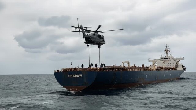 Specialized boarding team descending from military helicopter onto oil tanker. Tactical maritime operation targeting shadow fleet vessel at sea.
