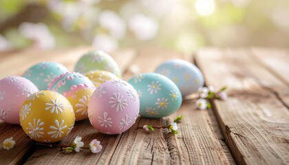 Obraz premium Decorated Easter eggs, beautifully hand-painted and arranged on a wooden surface, featuring intricate patterns, pastel colors, soft studio lighting
