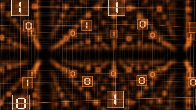 Orange color wiggling binary codes connected by lines big data transfer hi tech design black technology background