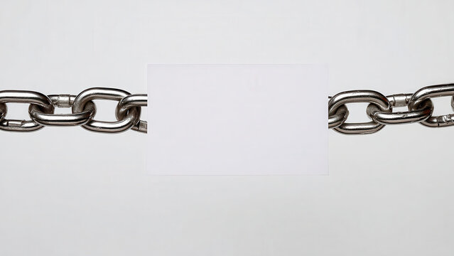 A metal chain with a blank white square replacing a link, representing a customizable space or missing information.