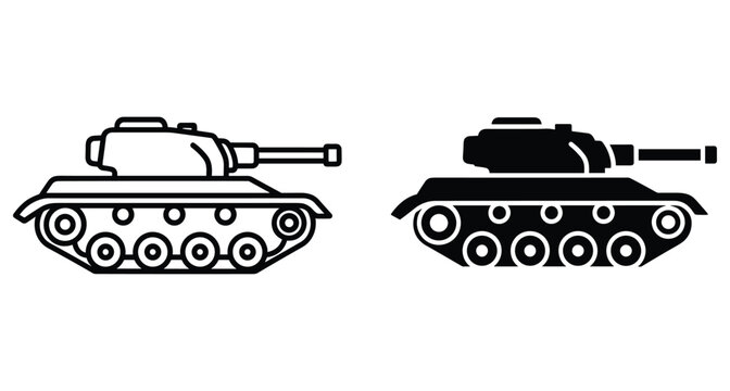 Military tank icon set featuring armored combat vehicle silhouettes with turret and cannon for war games defense and army military tank