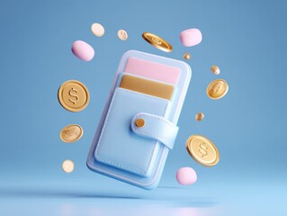 digital wallet concept object isolated on a light blue background