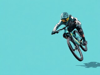 mountain biker action pose isolated on a light blue background