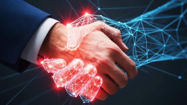 Human hand shaking a digital, wireframe hand symbolizing technology and human connection