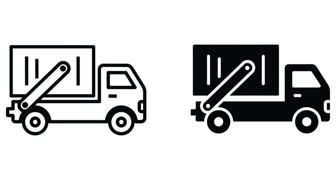 Garbage truck icon set with skip loader mechanism for waste management disposal services recycling collection industrial vehicle transport logistics sanitation equipment