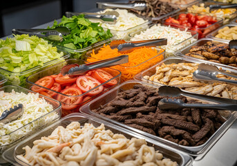 Obraz premium Fresh buffet food display with colorful vegetables and meats in catering trays