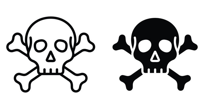 Skull and crossbones icon set featuring outline and solid black silhouette designs for pirate warning danger poison and death symbol graphics
