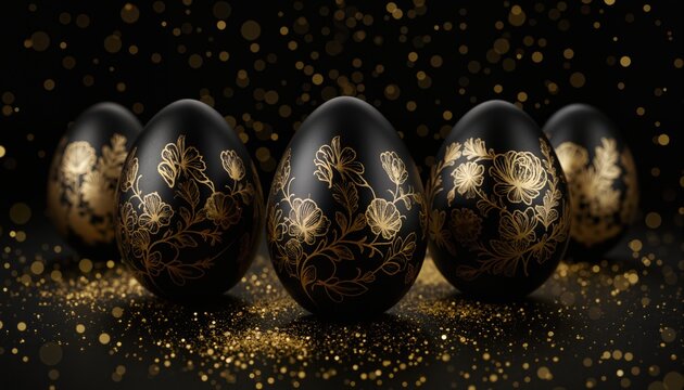 Black easter eggs with golgen floral decor on black background with golden bokeh.
