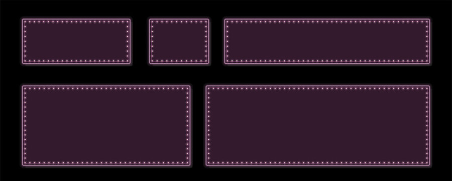 Five blank dark purple rectangular marquee signs with stunning illuminated pink lightbulb borders
