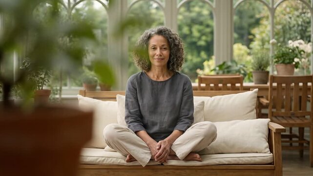 Calm Woman in Solarium Engage in Meditation, Find Peace Looking at Camera