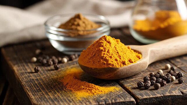 Golden turmeric powder pouring into spoon on rustic wooden board