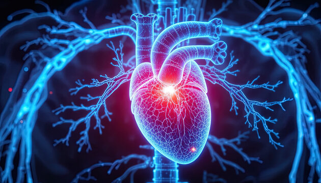 Human circulatory system and internal organ rendered with glowing digital lines