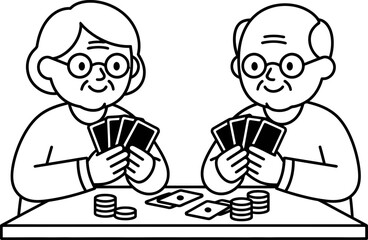 Senior woman and man playing card game a table, concept of leisure or hobby, retirement activity. Vector illustration for banner, poster