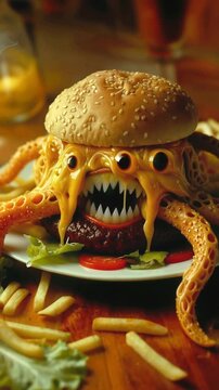 Monster burger with tentacles and sharp teeth on dinner plate. Lockdown close-up shot.