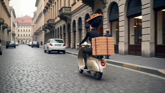 Eccentric pizza delivery woman riding vintage scooter through European city street. Surreal fashion concept with pizza headpiece and stacked boxes. Panning tracking shot.