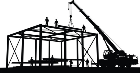 Construction workers assembling steel frame structure with mobile crane on building site silhouette illustration
