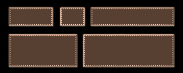 Obraz premium Five glowing brown rectangle and square frames with illuminated borders on a dark empty stage