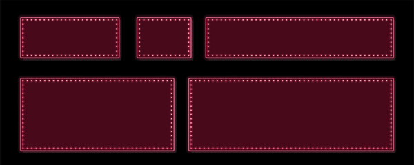 Five glowing rectangular and square marquees illuminated with bright pink lights on a dark background © designboundary