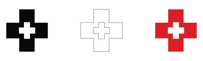 Obraz premium Vector medical plus cross icons set black filled white outline red health hospital aid emergency pharmacy sign simple illustration collection
