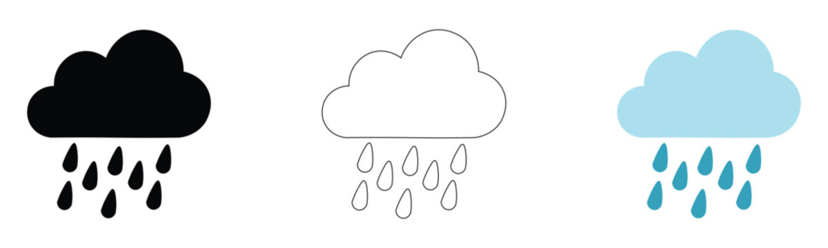 Vector rain cloud icons set black filled white outline blue with rain drops weather precipitation storm cloudy sky simple line illustration