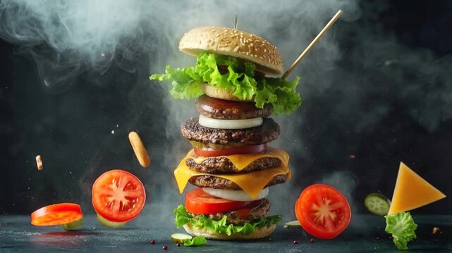 Deconstructed giant cheeseburger with floating ingredients and steam. Cinematic slow motion of exploding burger elements against dark background.