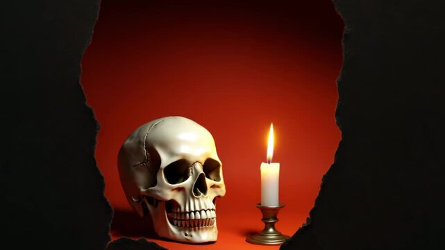 Human skull and a lit candle seen through torn black paper with glowing red Happy Halloween text, spooky holiday concept, Halloween celebration.