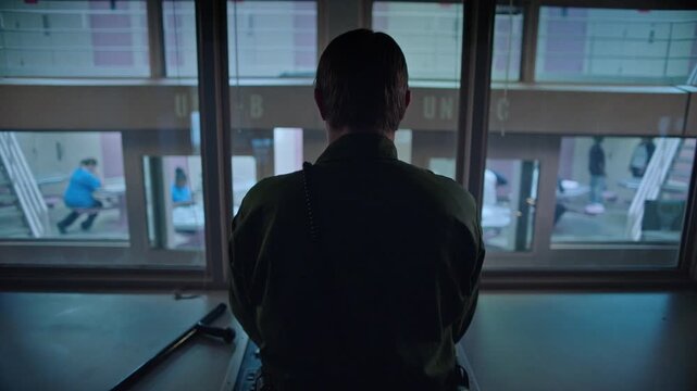 Correction officer monitoring prisoners from a control room window in a correctional facility