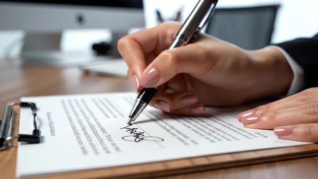 Woman signing a document with a pen on a clipboard.