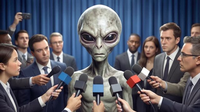Extraterrestrial grey alien giving press conference to group of journalists. Media reporters holding microphones toward alien visitor in studio setting. Lockdown medium shot.