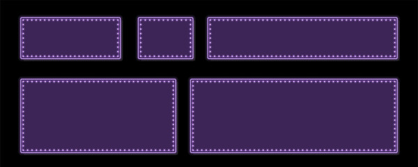 Obraz premium Set of five luminous purple marquee style frames with bright bulb lights on black