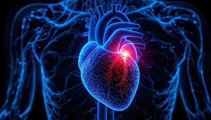 Obraz premium Glowing anatomical representation of the human heart within a circulatory system outline highlights a point of distress