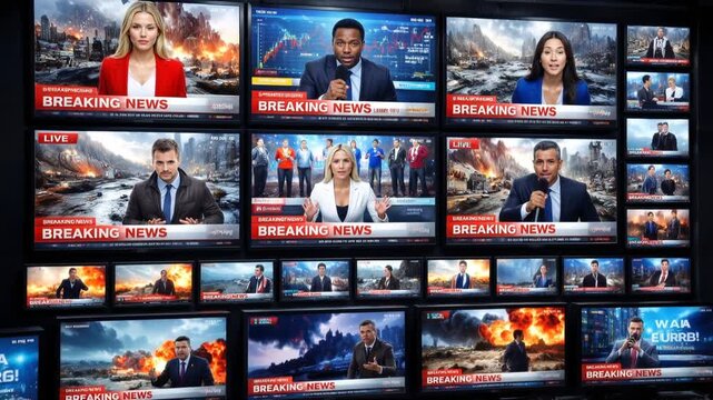 Multiple television screens displaying breaking news reports with various anchors. Lockdown shot of media wall.