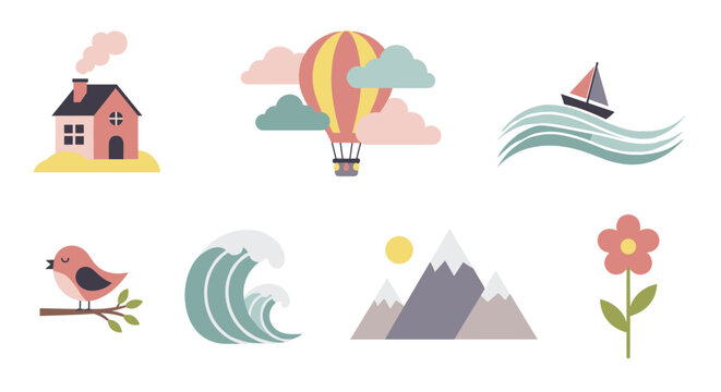 Simple flat design illustrations depicting various natural and man-made elements, including houses, hot air balloons, sailboats, birds, waves, mountains, and flowers
