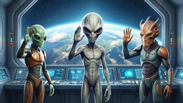 Extraterrestrial crew waving from spaceship bridge overlooking planet. Group of diverse aliens on futuristic spacecraft command deck. Panning shot.
