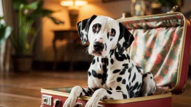 Dalmatian dog sitting inside an open vintage suitcase in a cozy indoor setting.