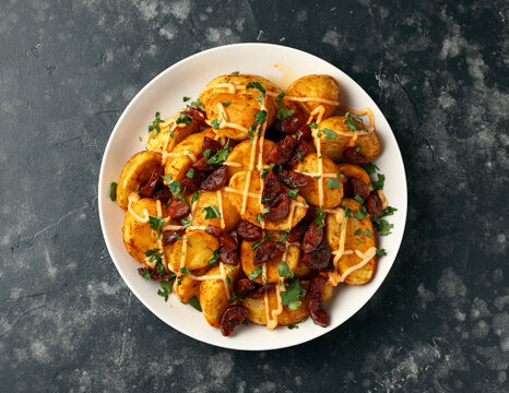Patatas bravas with chorizo and sauce. Spanish traditional food
