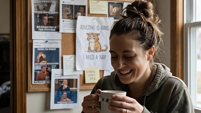 Woman Enjoying Coffee at Home Office.