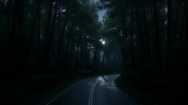 A desolate, winding road disappears into a dense, dark forest at twilight